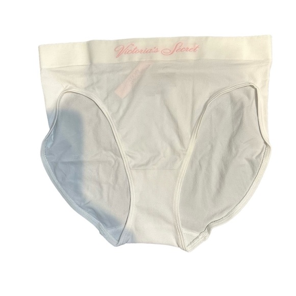 NWT VICTORIA'S SECRET WHITE PINK LOGO SEAMLESS HIGH LEG BRIEF PANTIES MEDIUM - Picture 1 of 4